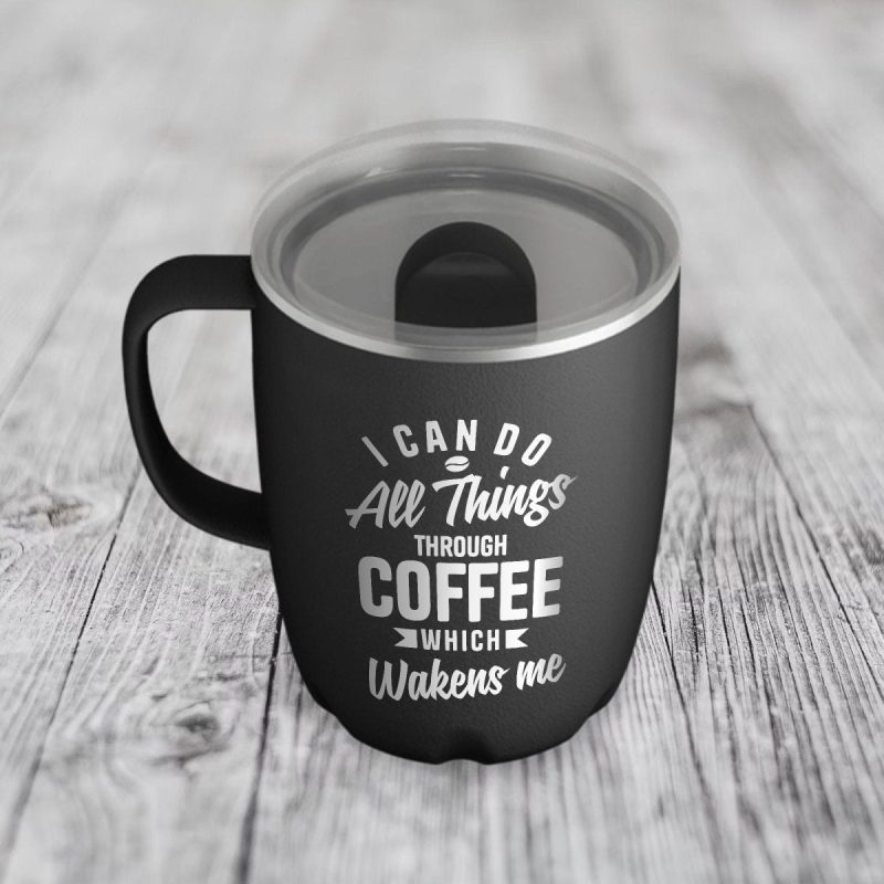 personalized black coffee mug all things through coffee funny christian tumbler with sliding lid 12 oz shepherds shelf 417336