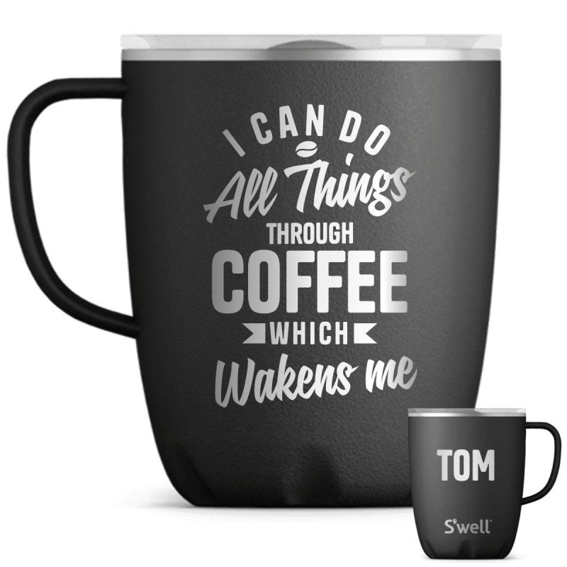 personalized black coffee mug all things through coffee funny christian tumbler with sliding lid 12 oz shepherds shelf 494027